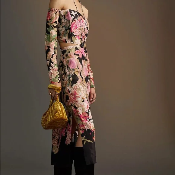 Anthropologie Pink & Black Floral Side-Slit Midi Skirt - Size 10 - Picture 1 of 8